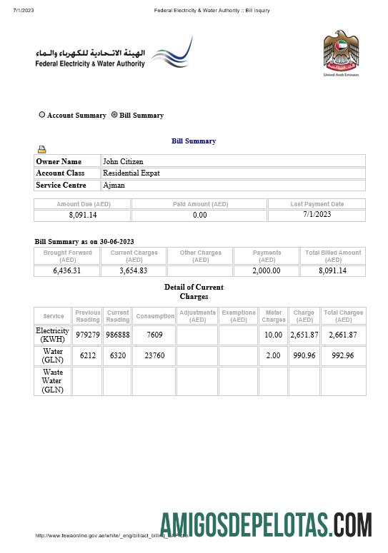 Emirados Árabes Unidos Dubai Autoridade Federal de Eletricidade e Água Eletricidade, Conta de Serviços Públicos de Água Formatos Word e PDF modelo